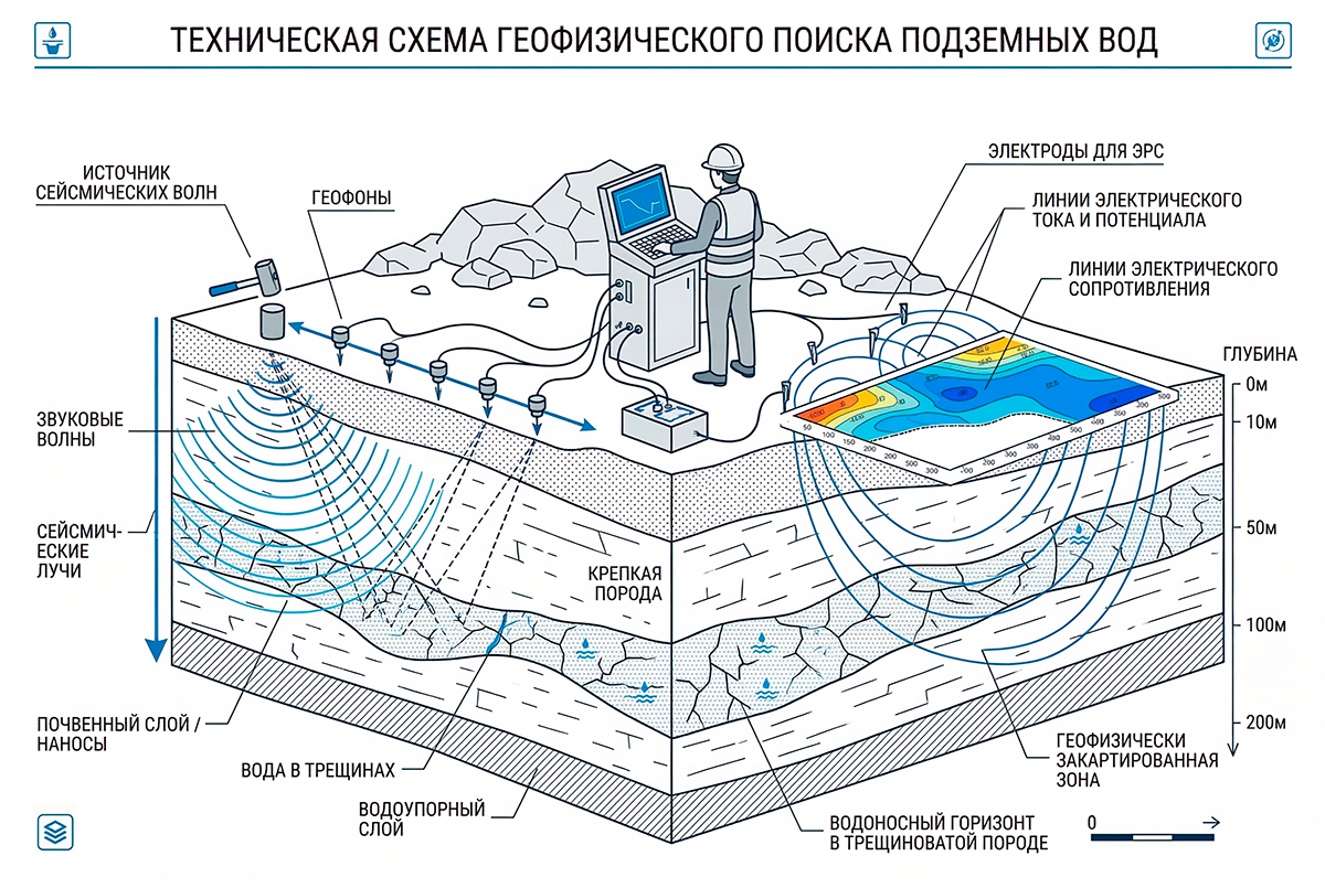 Геофизические исследования участка методами ВЭЗ и РАП для поиска водоносного горизонта