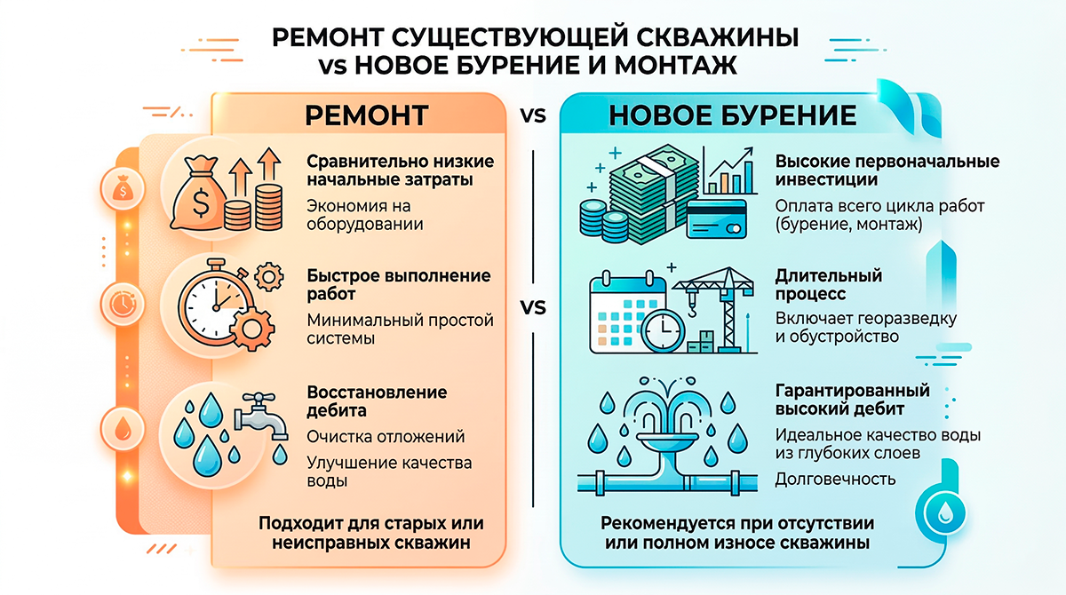 Инфографика: плюсы и минусы ремонта скважины против бурения новой.