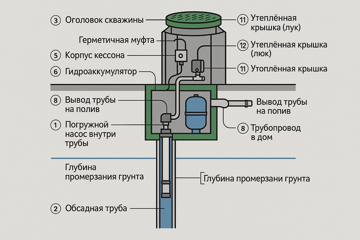 Схема устройства скважины с кессоном и размещением оборудования внутри